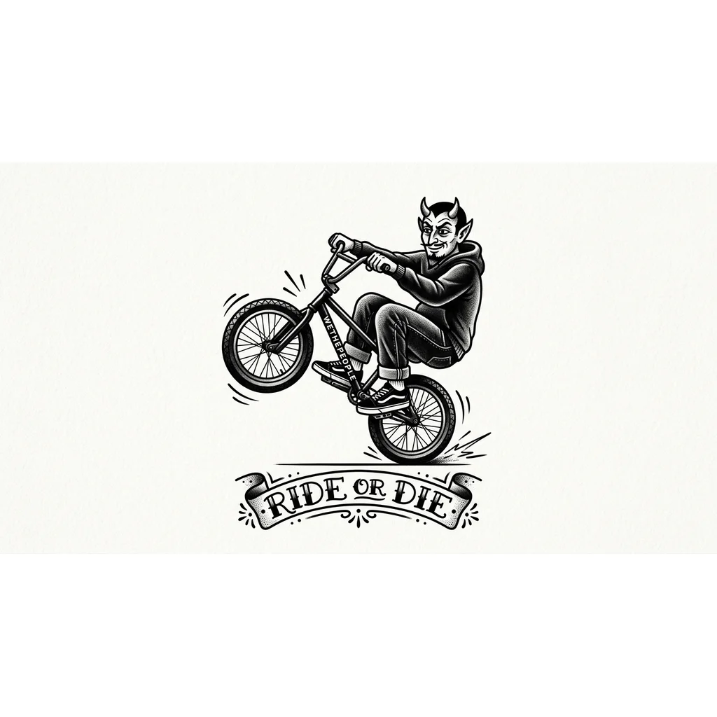Тату эскиз: Чёрт в черных широких джинсах и чёрных кедах vans old school едет на велосипеде bmx компании wethepeople на заднем колесе. Под рисунком должна расположиться надпись с фразой "Ride or die". Надпись должна быть прикольно и красиво оформлена. Ничего лишнего быть не должно!!