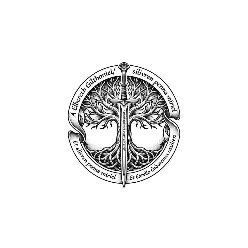 Нарисуй: Эскиз татуировки в стиле графика или blackwork по мотивам Властелина колец. В центре композиции вертикально расположен изящный эльфийский меч (черты Нарсила или Андурила) с гравировкой на клинке. Позади меча раскидистое Белое Древо Гондора (или стилизованное эльфийское древо жизни) с переплетающимися ветвями и корнями. Вокруг центральной композиции изящно вьется лента или круговой узор с надписью на эльфийском языке чернокнижным шрифтом