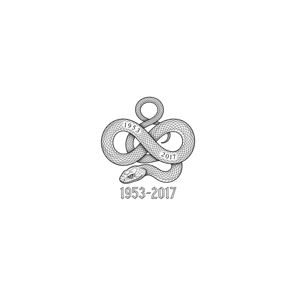  Змея нарисована очень реалистично (кобра или питон), а даты «1953-2017» искусно вплетены в узор ее шкуры или находятся прямо под головой, как будто высеченные на камне.
