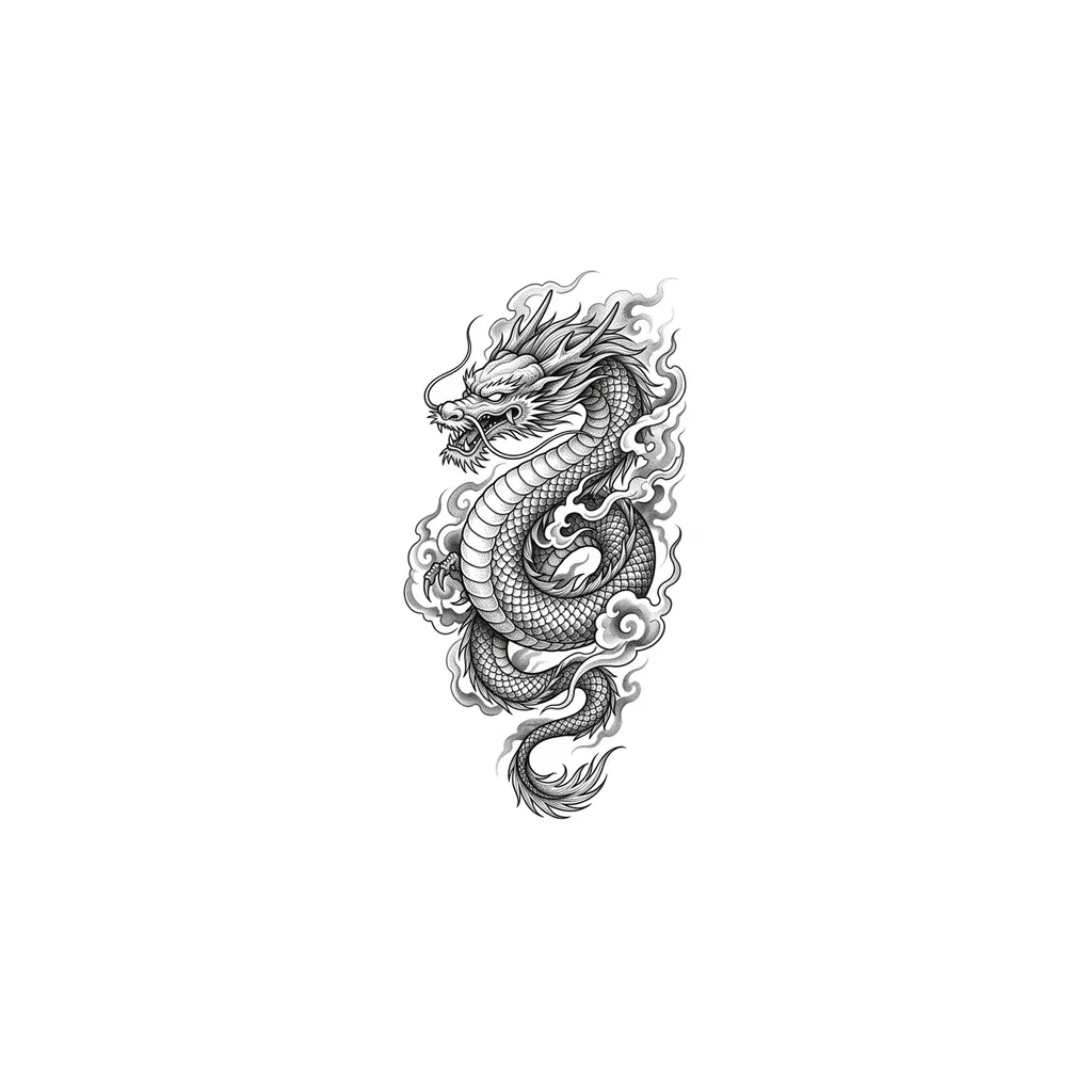 realistic tattoo mockup on human arm, asian dragon sleeve tattoo, black and grey, highly detailed scales, dragon head on shoulder, body wrapping around arm, smoke and clouds elements, fine line tattoo style, soft shading, hyper realistic skin texture, studio lighting, 4k, tattoo design preview