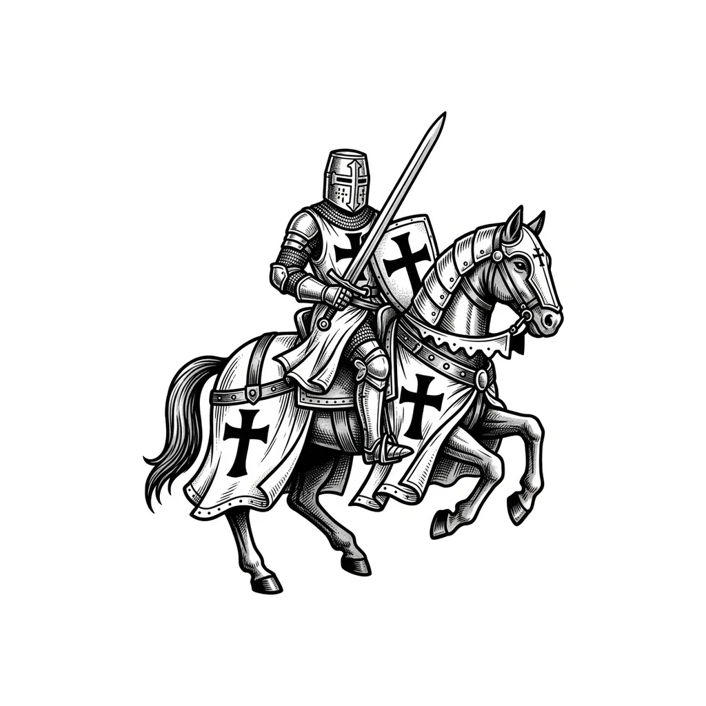 A detailed black and grey tattoo design of a crusader knight in full armor. He is sitting on a horse, holding a sword and a shield with a cross. Vintage etching style, intricate linework, high contrast, sharp details, white background --ar 5:4
