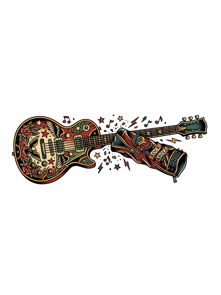 Minimalist black and grey tattoo design for the forearm, rock music theme. A vintage electric guitar (Les Paul shape) crossed with a worn leather jacket sleeve. Musical notes flying apart like dust. Grunge aesthetic, heavy contrast, sketch style, no color, sharp outlines for an inner forearm placement. High detail, suitable for male or female.
