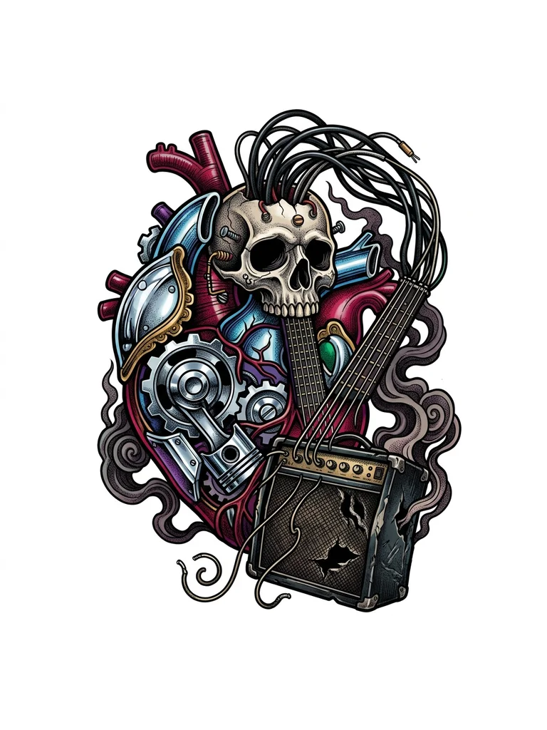  Intricate forearm tattoo design, heavy metal rock theme. A human heart made of chrome and mechanical gears, with a skull as the "pickup" of an electric guitar. Wires instead of veins transform into the strings of a broken amplifier. Dotwork and engraving style, thick black lines, high contrast, smoke background on the bicep, dark cinematic lighting, blackwork realism.