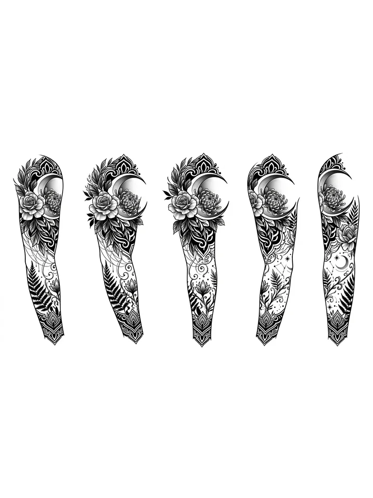 black-and-grey tattoo sleeve blends botanical and celestial motifs. Large, detailed flowers with lifelike petals grace the upper arm, complemented by cascading leaves. A crescent moon—rendered with soft gradients—anchors the design, linked to foliage by delicate, web-like lines. The artist masterfully uses deep blacks and subtle greys to create depth. The composition follows the arm’s contour, balancing detail and negative space. Mysterious yet elegant, with art nouveau influences.
