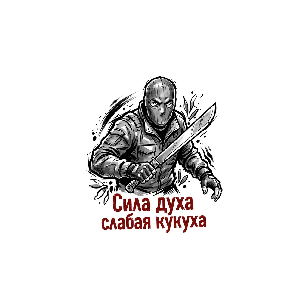 Мужчина в маске, в руке мачета, стиль Россия и красным цветом написано Сила духа  слабая кукуха