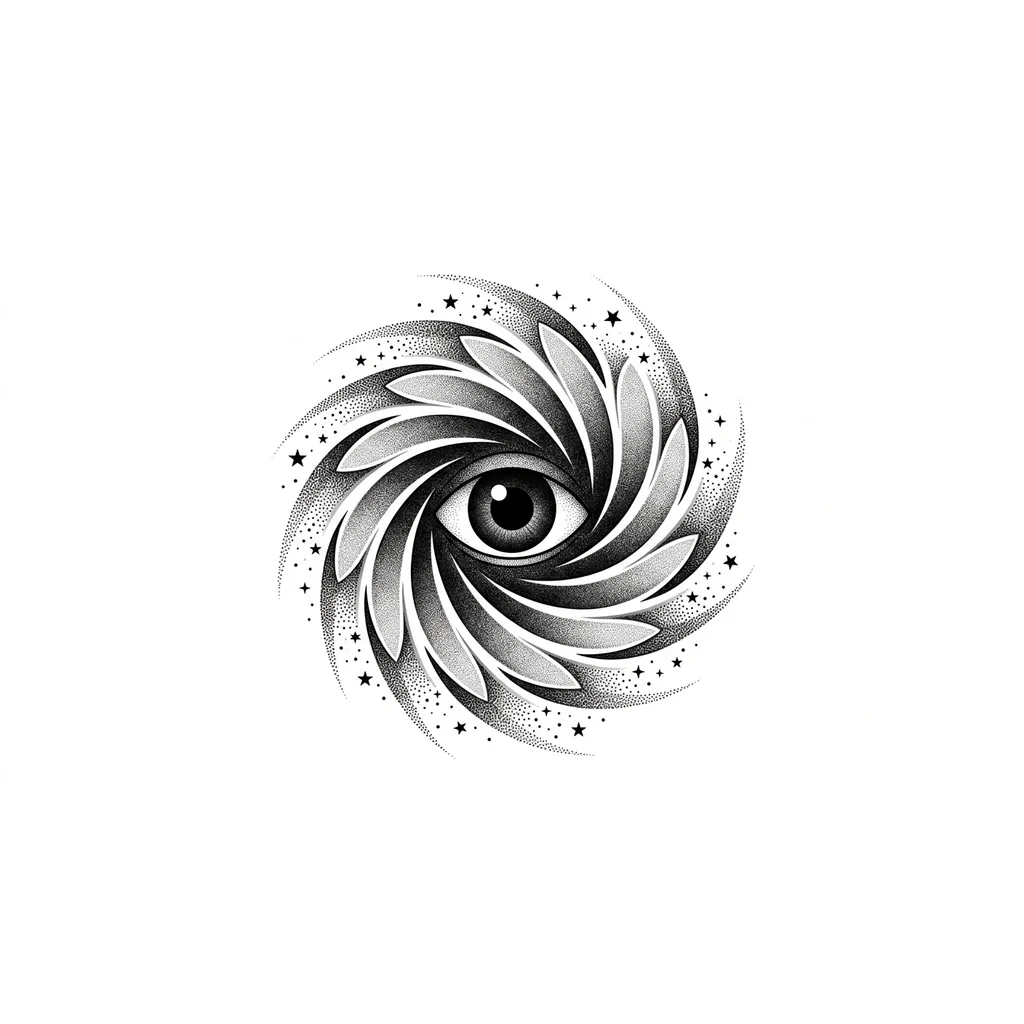 Black-grey tattoo sketch, high contrast dotwork/engraving. Central eye in spiraling water whirlpool with elongated petal-like blades starting from iris/pupil, tips stretching beyond eye into empty space. Ink darkens toward center: blade edges light grey, eye area pitch black. Outside whirlpool, tiny black stars and stippled dots near blade tips appear sucked into vortex. Clean white background, pure blackwork, symmetrical. --no color, no realistic veins, no blue (496 characters)