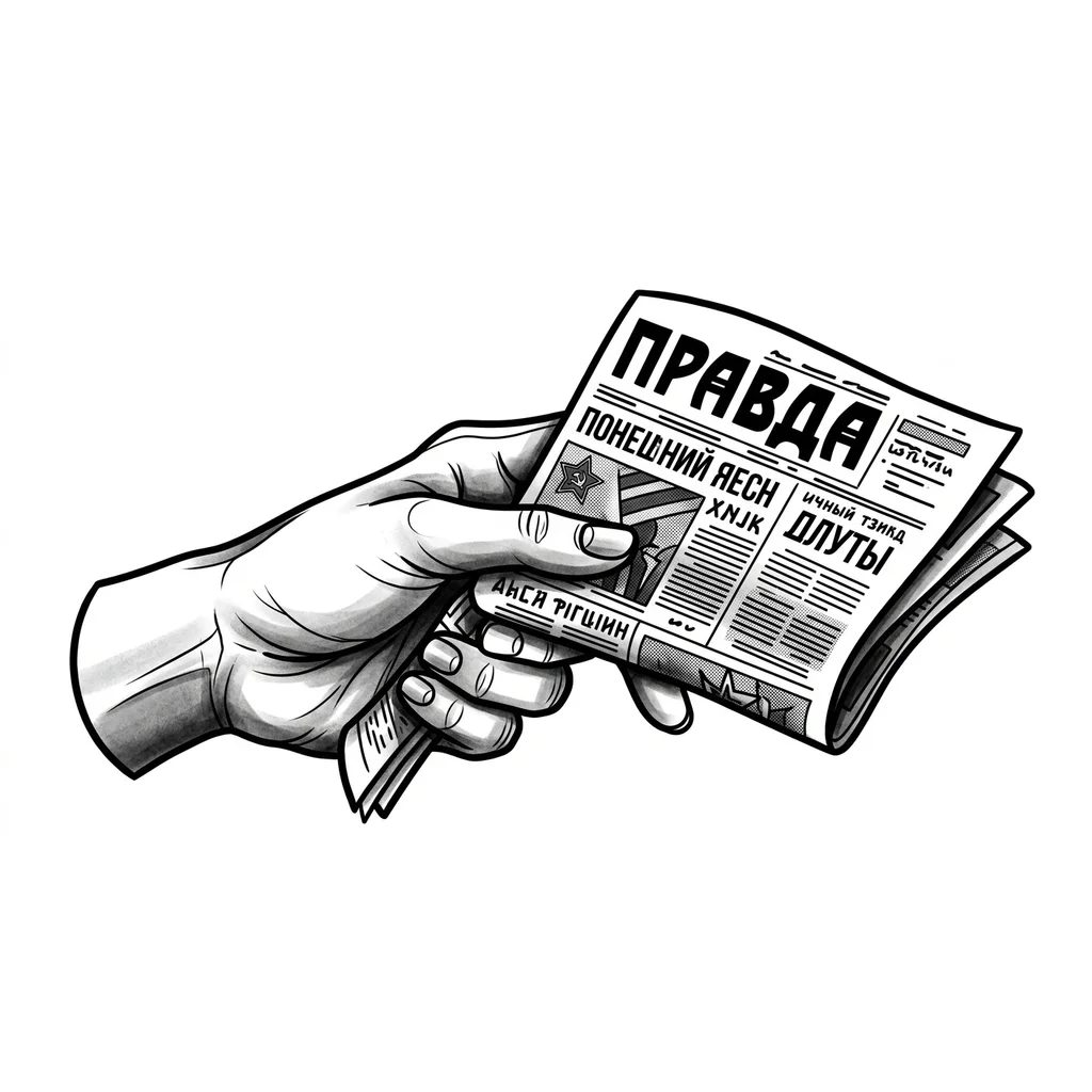 рука протягивает газету Правда в развёрнуто виде 