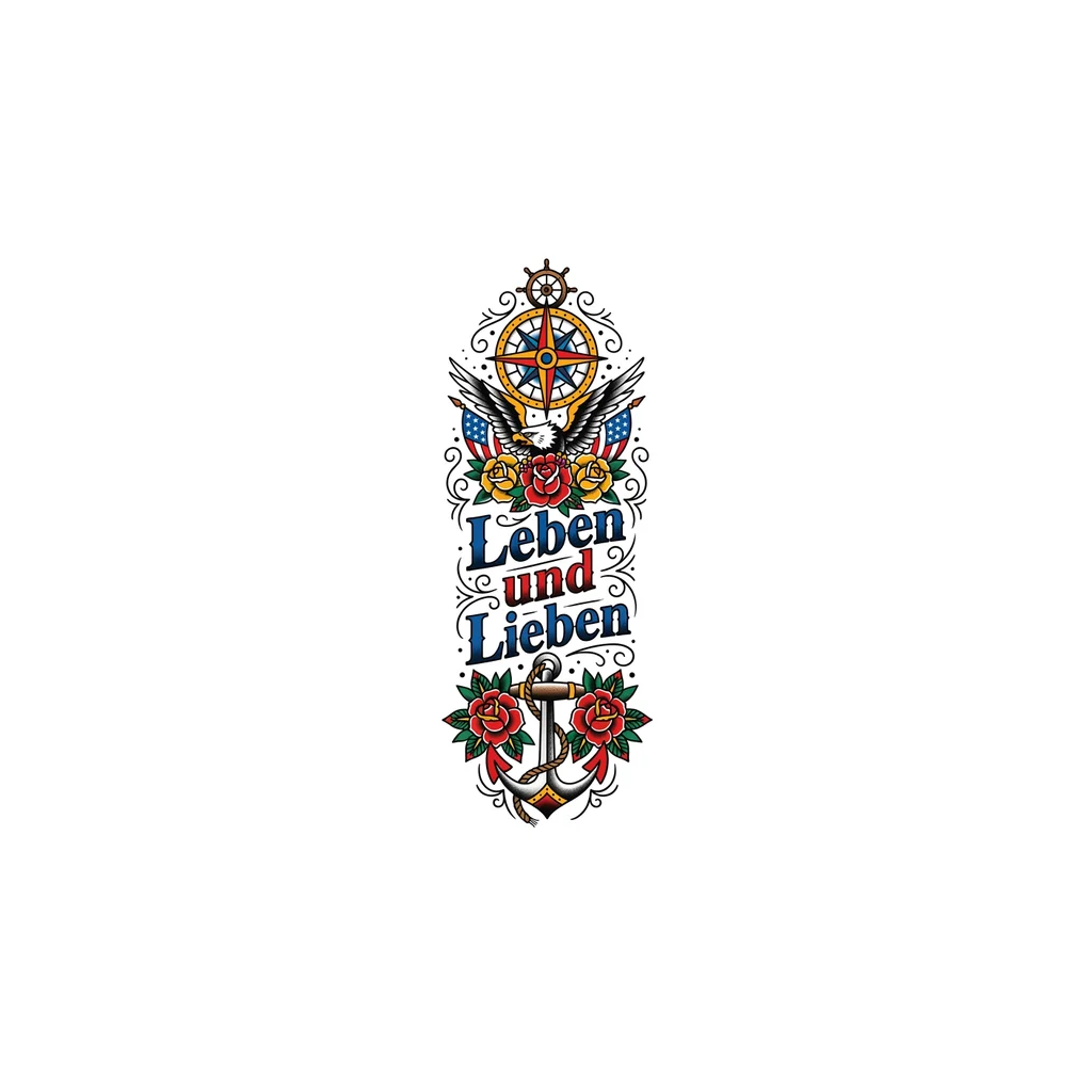 Тату эскиз: Фраза “Leben und Lieben” на позвоночнике , но чтобы фраза была с самого начала и до конца спины, немного удлинено
Слово «und» красным цветом