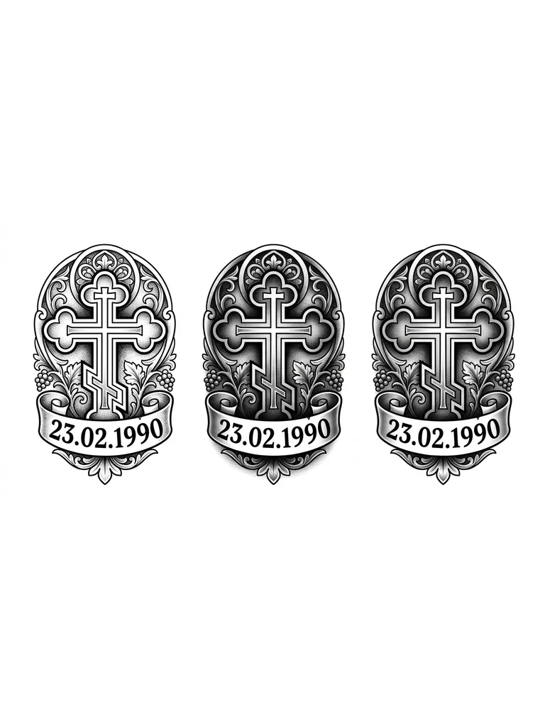 Черно белая татуировка для мужчины с датой рождения 23.02.1990. Тема православная. 