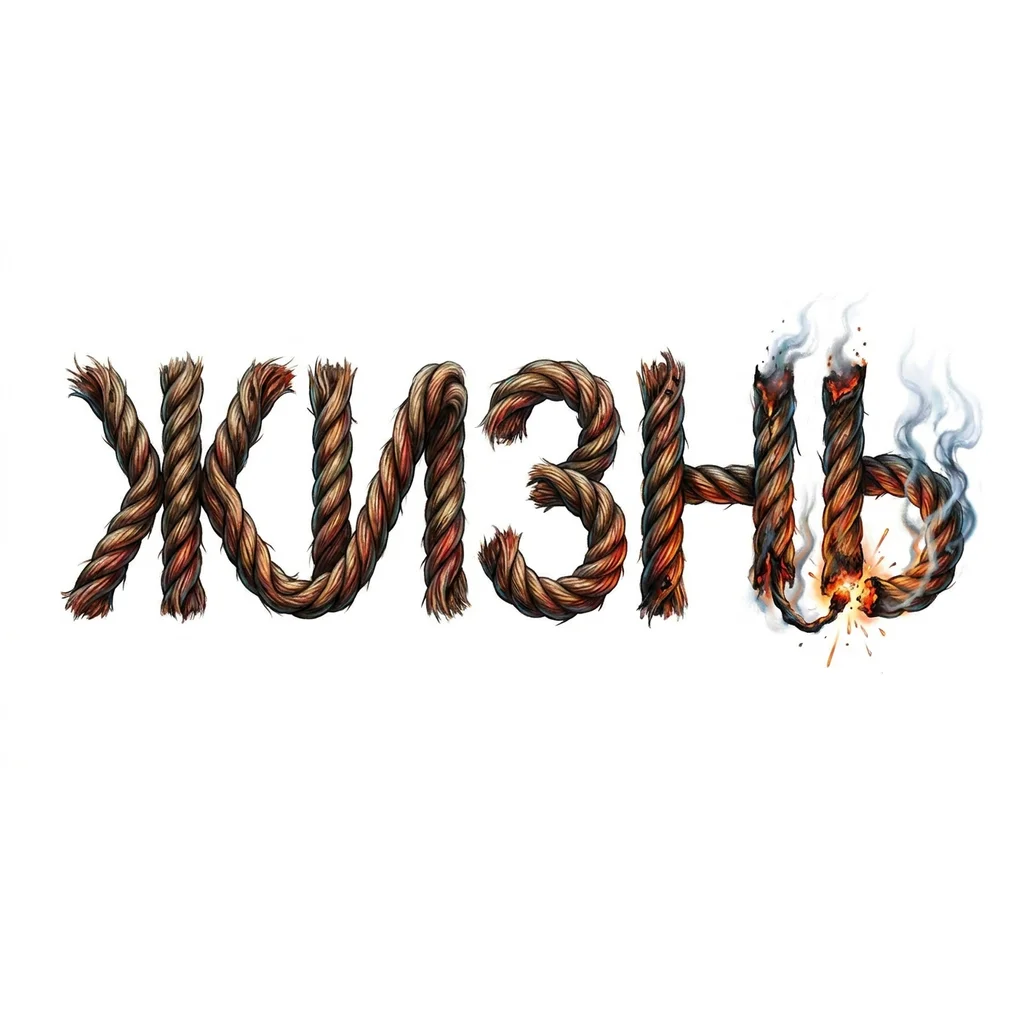 Надпись "жизнь", выполненная в реализме, прописными буквами, в виде бикфордова шнура, горящего с одной стороны