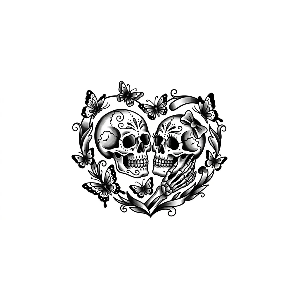 два черепа слева мужской справа женский находятся лицом к лицу она обнимает кистями его за шею вокруг них бабочки 