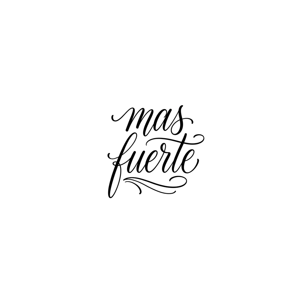 Minimalist full forearm tattoo design, only text “mas fuerte”. Elegant calligraphy lettering flowing from wrist to elbow along the inner forearm. Black ink, thin to medium line weight, smooth flowing script with long graceful flourishes and subtle swashes. High contrast, realistic skin mockup, soft studio lighting, neutral background. Tattoo centered along the arm, clean minimal style, no extra elements, no symbols, no shading, no color.