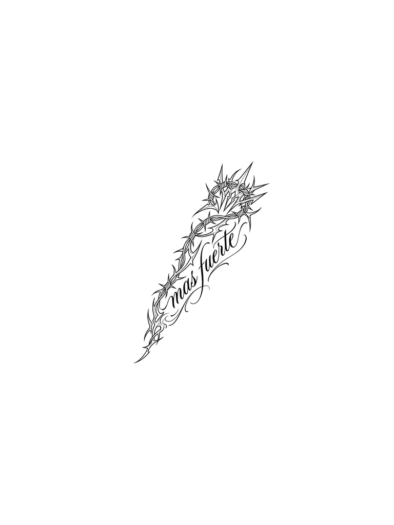 Minimalist full forearm tattoo design, only text “mas fuerte”. Elegant calligraphy lettering flowing from wrist to elbow along the inner forearm. Black ink, thin to medium line weight, smooth flowing script with long graceful flourishes and subtle swashes. High contrast, realistic skin mockup, soft studio lighting, neutral background. Tattoo centered along the arm, clean minimal style, no extra elements, no symbols, no shading, no color.