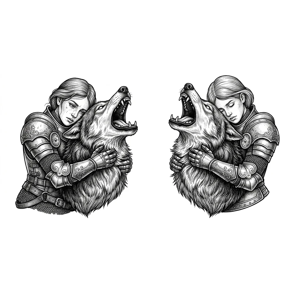
Девушка в доспехах обнимает рычащего волка 
