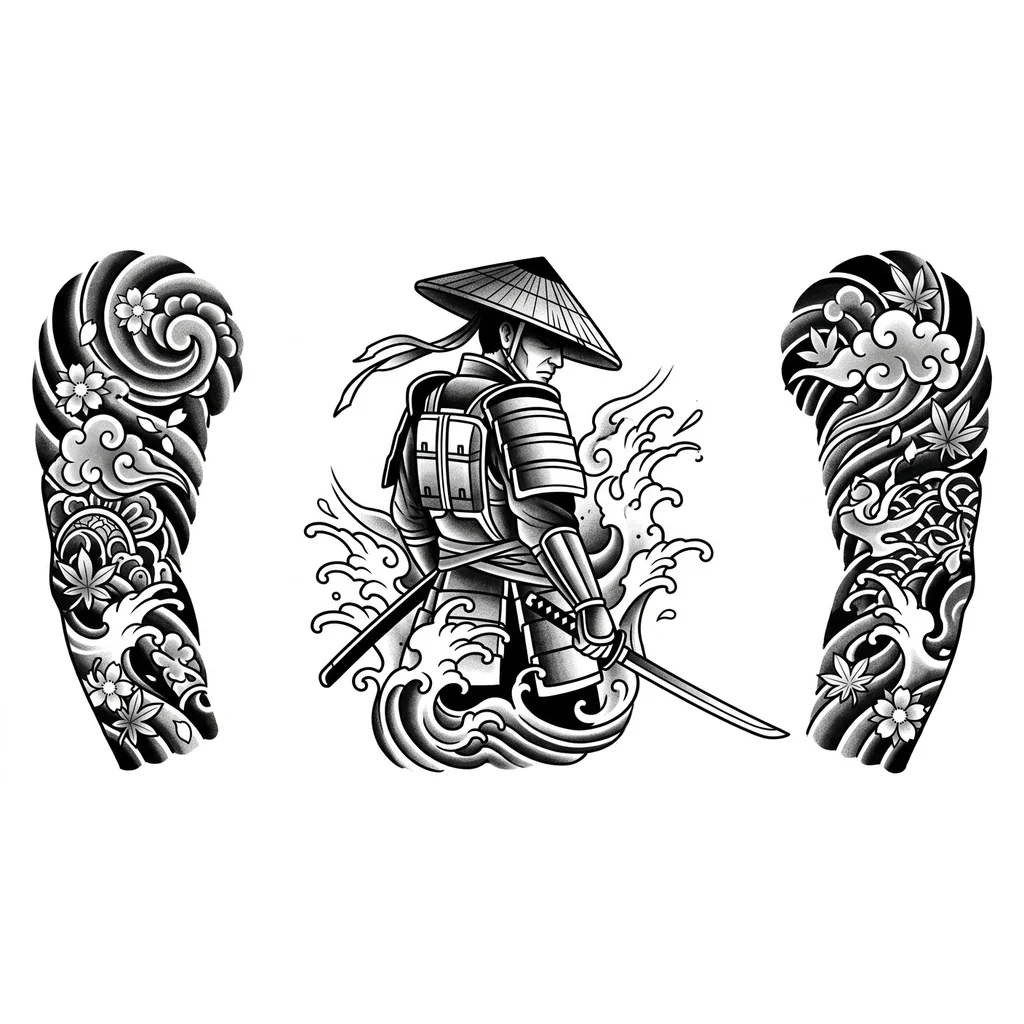 black and grey tattoo sleeve design, neo japanese / neo traditional style, full arm composition, cohesive and balanced layout

MAIN SUBJECT:
dominant samurai warrior in 3/4 back pose, slightly turned head, wearing kasa straw hat, face partially hidden in deep shadow, calm and cold emotion
modernized armor with backpack and layered fabric elements, holding katana downward
strong silhouette, simplified forms, thick bold outlines, no micro-details