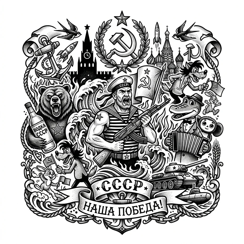 Эскиз в стиле андеграунд с советскими мультфильмами и Россией много героев и деталей 