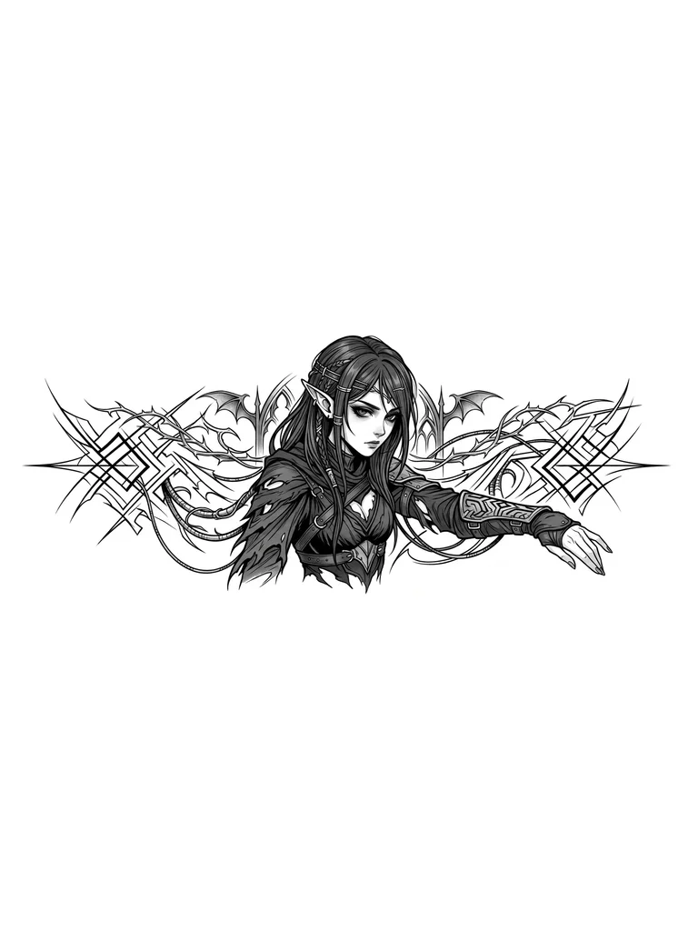 Anime dark fantasy tattoo sketch, beautiful elf girl with small breasts, moody and gloomy gaze, dark eyes, intricate cyber-sigilism patterns flowing around her, sharp thorns, wires and abstract gothic lines, fine line work, blackwork, minimalist shading, white background, high contrast.