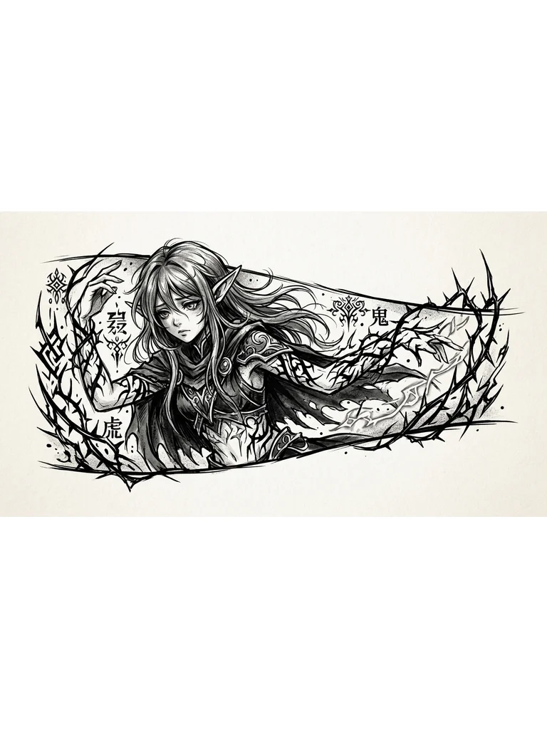 Anime dark fantasy tattoo sketch, high-contrast black and white, ethereal elf girl with blank void black eyes, gloomy and haunting expression, messy long hair. Her body is entwined with sharp, aggressive cyber-sigilism patterns, thorns, and jagged abstract lines. Rough sketchy style, heavy ink strokes, experimental blackwork, white background, minimalist flat composition, sharp thorns rising behind her.