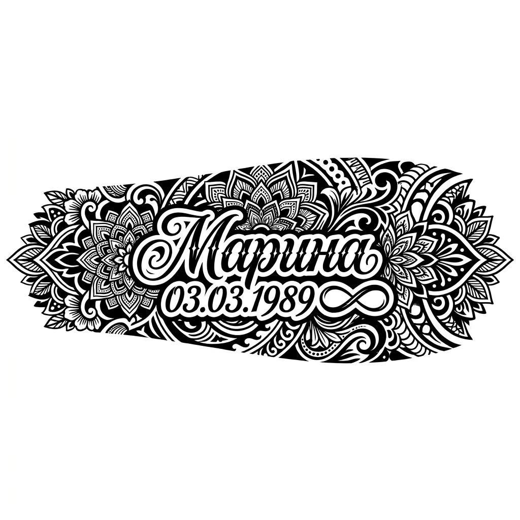 имя Марина в красивом шрифте, под именем число 03.03.1989 - знак бесконечности 
