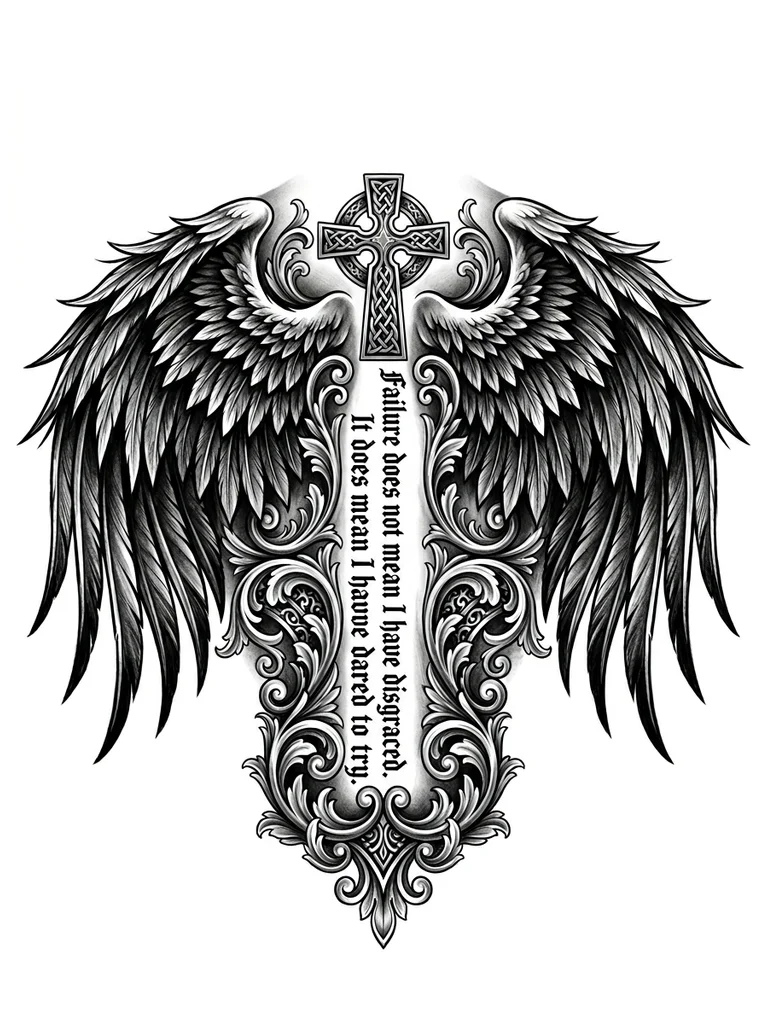 вдоль позвоночника надпись, которая начинается с креста "Failure does not mean I have disgraced. It does mean I have dared to try"