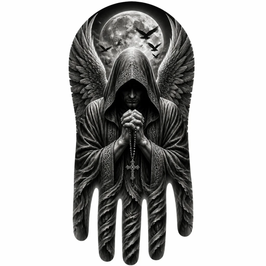* **Стиль:** Реализм, черно-серая гамма, готика, дарк-фэнтези.
* **Локация:** Тыльная сторона ладони.
* **Центральный образ:** Фигура в капюшоне (ангел или жнец), лицо скрыто в тени, но черты различимы.
* **Детали фона:** Полная луна у запястья (за головой), силуэты птиц на фоне луны.
* **Крылья:** Большие пернатые крылья, расправленные в стороны.
* **Руки фигуры:** Сложены в молитве, держат четки/бусы.
* **Композиция на пальцах:** Ткань одеяни