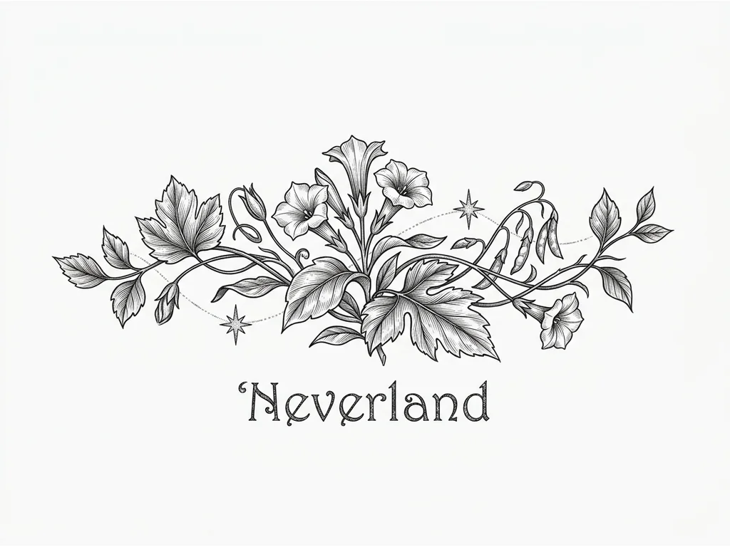 Сделай мне эскиз татуировки
Надпись: Neverland
Шрифт: Magic sparkle new regular
И совмести чтобы были две звезды те самые, как путь в Нетландию, создай сам как чувствуешь, чтобы прям чувствовался вайб этого места, Питера Пена, самой Нетландии и волшебства
Не делай слишком много деталей, она должна быть компактной на предплечье