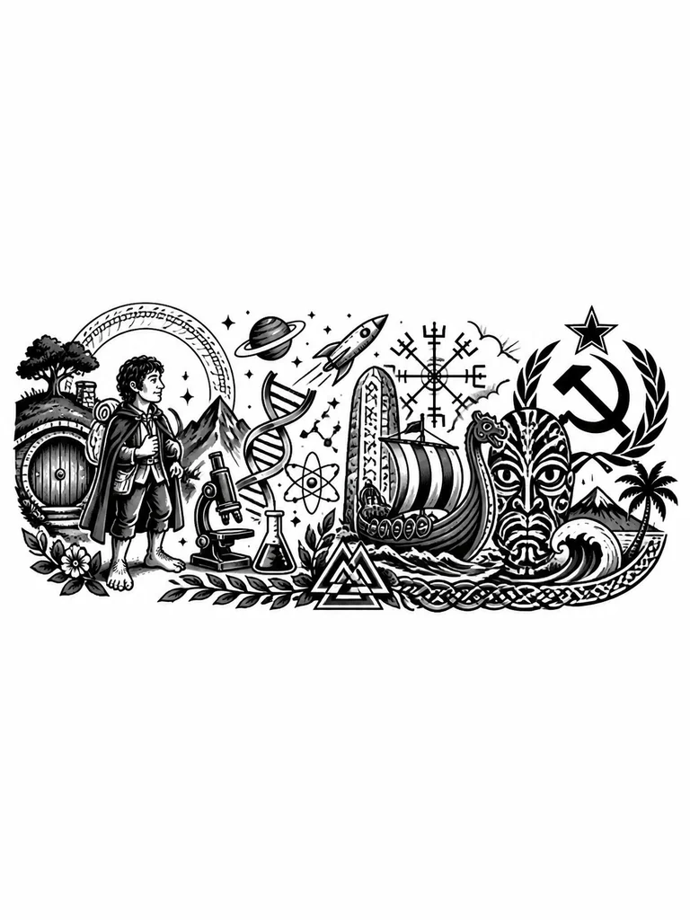 1)	Властелин колец
а) Хоббит
2) Наука, космос, днк, биология
3) Скандинавия, руны
4) Маори, океания
5)Коммунизм, СССР
