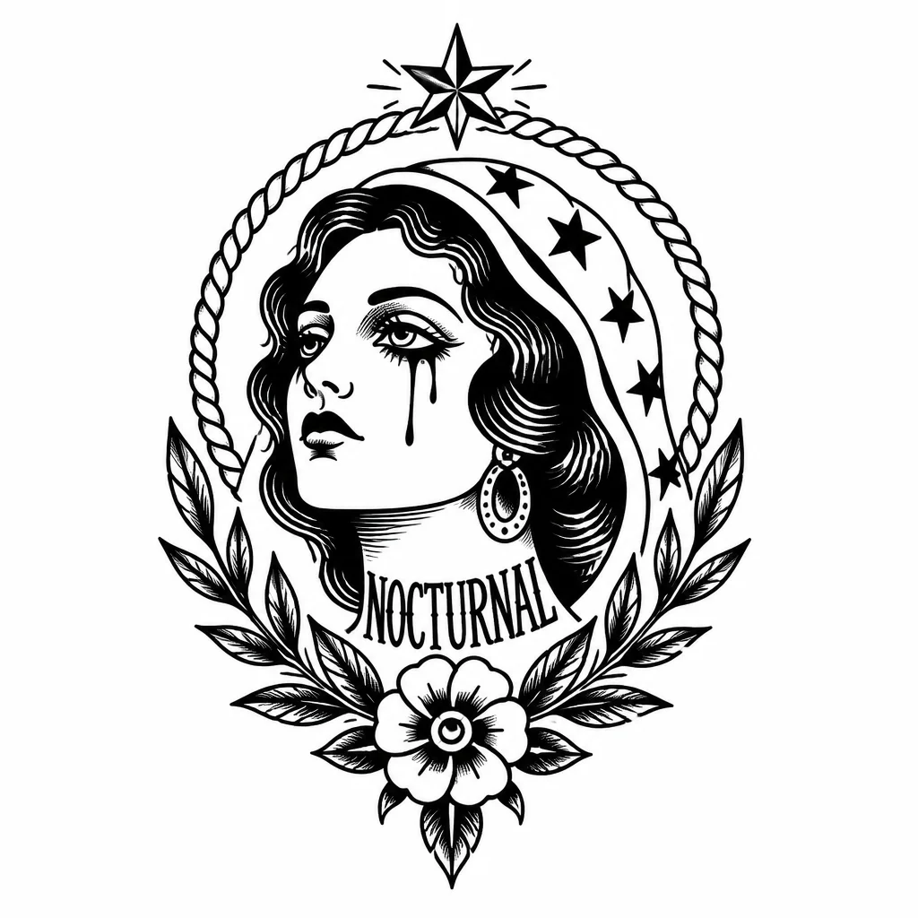 надпись NOCTURNAL на шее. Это первое слово из названия блек-метал группы Nocturnal Depression. Хочу видеть эскиз не в стиле, как у группы, а что-то похожее на lifelover, возможно с какими-то дополнениями