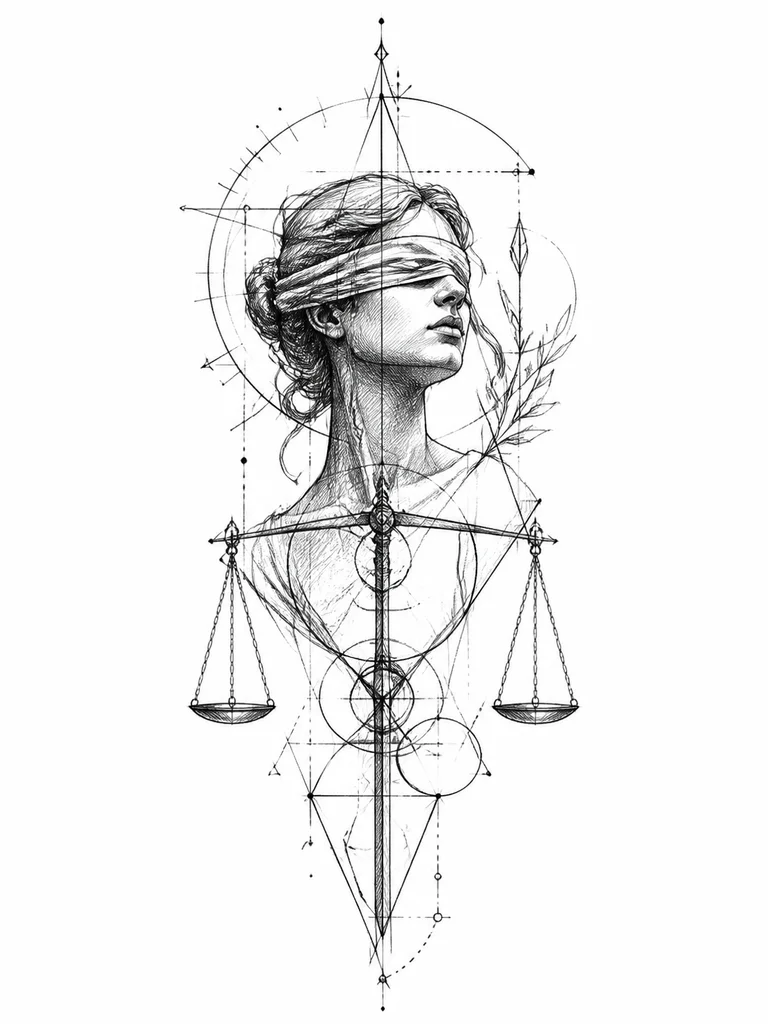 abstract Lady Justice tattoo sketch, blindfolded female figure, geometric shapes, scales integrated into composition, thin lines, dotwork, many details, high contrast, vertical design, for thigh, no background, no color