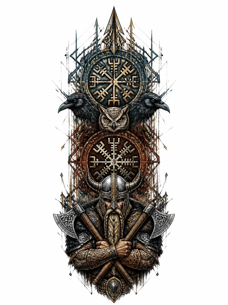 В последнем изображении нужно верхний знак сделать Vegvisir а нижний знак Aegishjalmr (The Helm of Awe), эти знаки тоже должны быть в стиле скетч стиль краски, также изображение должно быть немного вытянутее сверху вниз и сильнее сужаться к низу, вороны и сова должны быть меньше желательно одни головы, викинг с бородой и мышцами в накидке и шлеме с рогами держит топоры скрещёнными перед собой внизу, над верхним знаком тоже узоры с заострением кверху в виде стрлеки