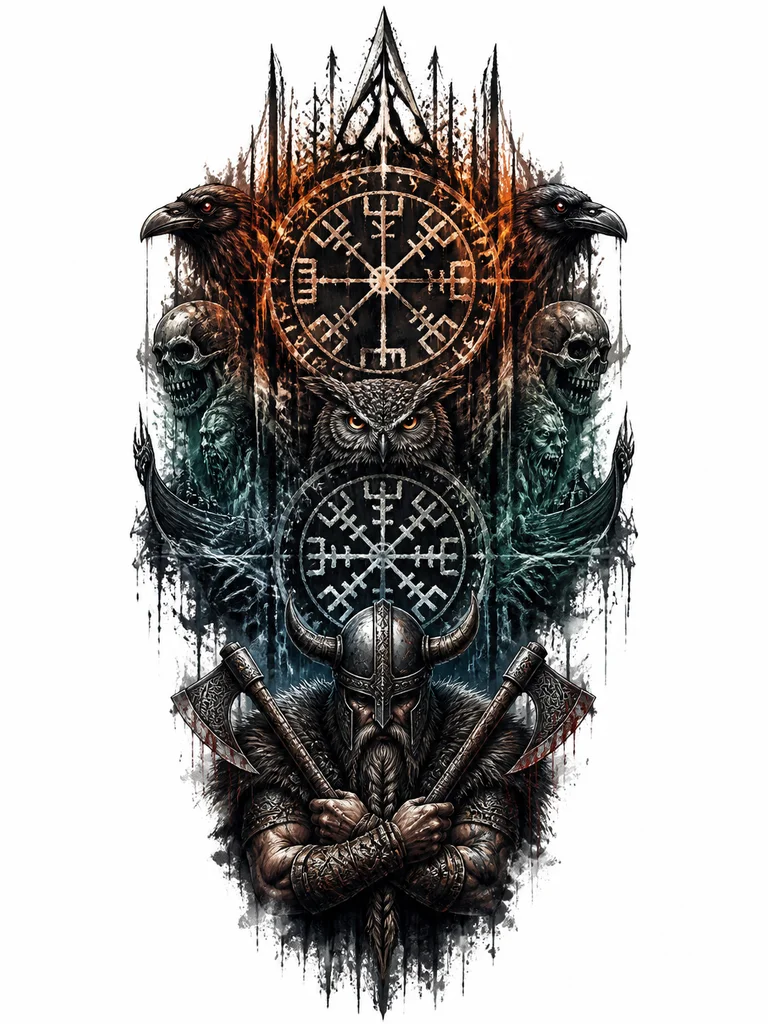 В последнем изображении нужно верхний знак сделать Vegvisir а нижний знак Aegishjalmr (The Helm of Awe), эти знаки тоже должны быть в стиле скетч стиль краски, также изображение должно быть немного вытянутее сверху вниз и сильнее сужаться к низу, вороны и сова должны быть меньше желательно одни головы, викинг с бородой и мышцами в накидке и шлеме с рогами держит топоры скрещёнными перед собой внизу, над верхним знаком тоже узоры с заострением кверху в виде стрлеки