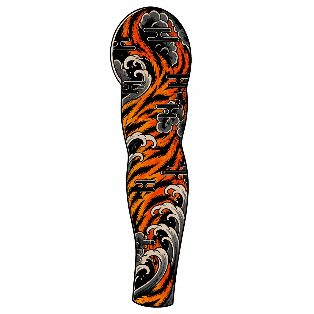 Full sleeve tattoo design, Japanese Irezumi style. Focus on abstract tiger stripes texture wrapping around the arm. Seamless pattern of sharp black tiger stripes over a vibrant orange and golden-yellow gradient background, blending dynamically with traditional dark black wind bars and heavy dark waves. No visible tiger face, pure texture and flow of the patterned fur. Rich vivid colors contrasted with heavy black ink, clean line art, tattoo flash sheet, isolated on white background.