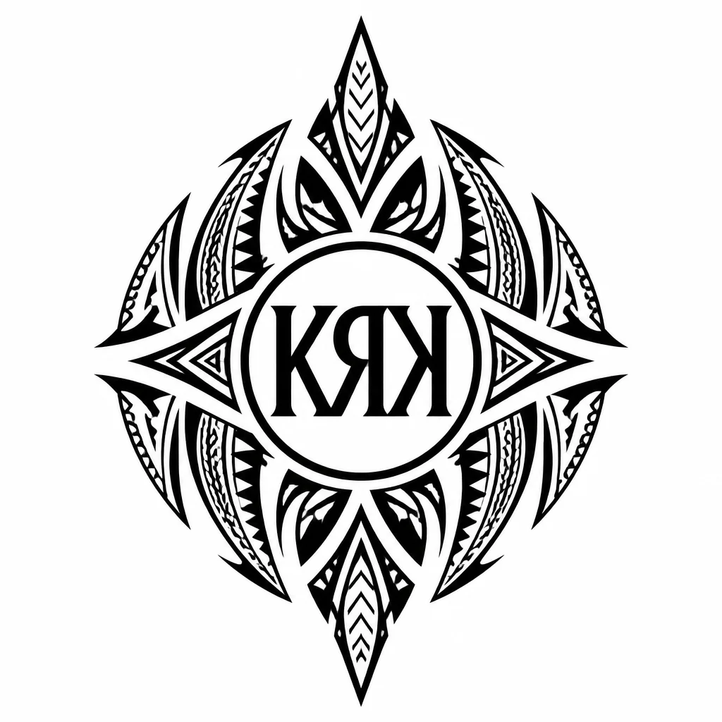 Буквы КЯК 2 буквы к отзеркалены в круге, между ними буква я. Круг не надо делать полинезийским, только буквы