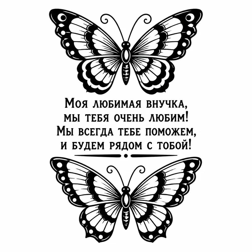 2 бабочки, одна с верху, другая с низу и межу ними текст подчерком