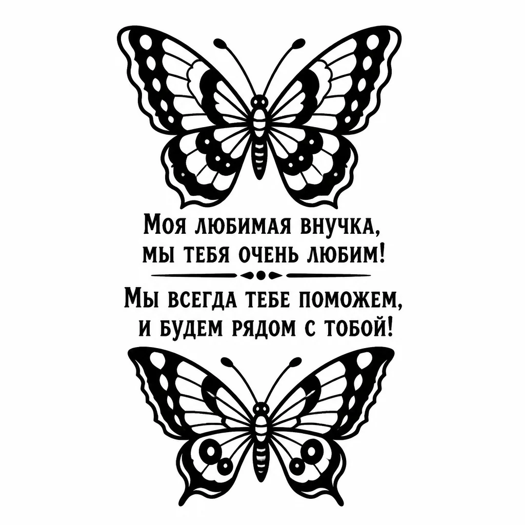 2 бабочки, одна с верху, другая с низу и межу ними текст подчерком