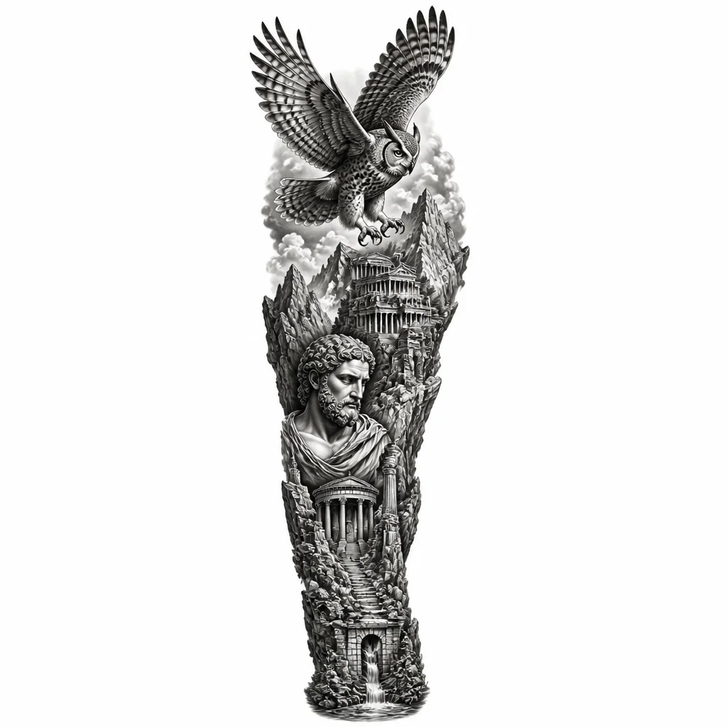 A realistic owl in flight soaring above a dramatic mountain landscape with classical statues and ancient architectural structures carved into the peaks, monochrome black and white ink drawing, highly detailed realism, architectural elements integrated with natural stone formations, professional tattoo flash sheet illustration, white background, high contrast, clean lines
