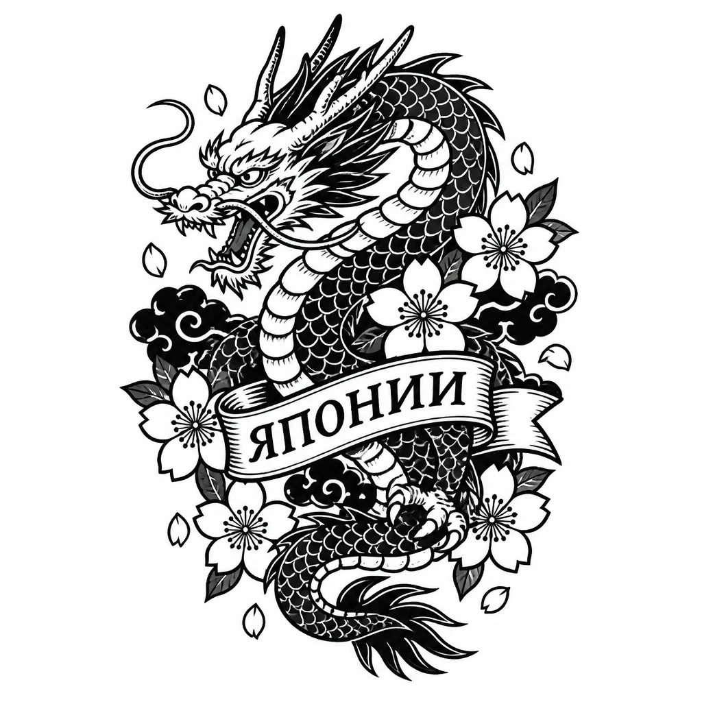 Сакура,японский дракон и надпись японии