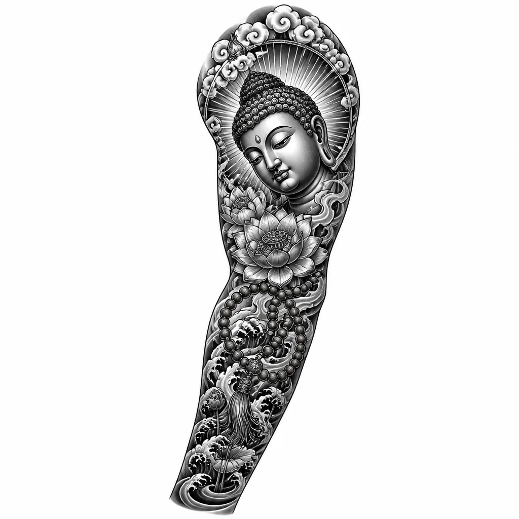 Japanese irezumi inner left arm sleeve, black and grey. Buddha face on bicep with ray halo, surrounded by lotus flowers and smoke. Wooden prayer beads wrapping forearm with tassel. Dark water with lotus stems at wrist. Realism-graphic hybrid, high contrast, no color, tattoo stencil style.