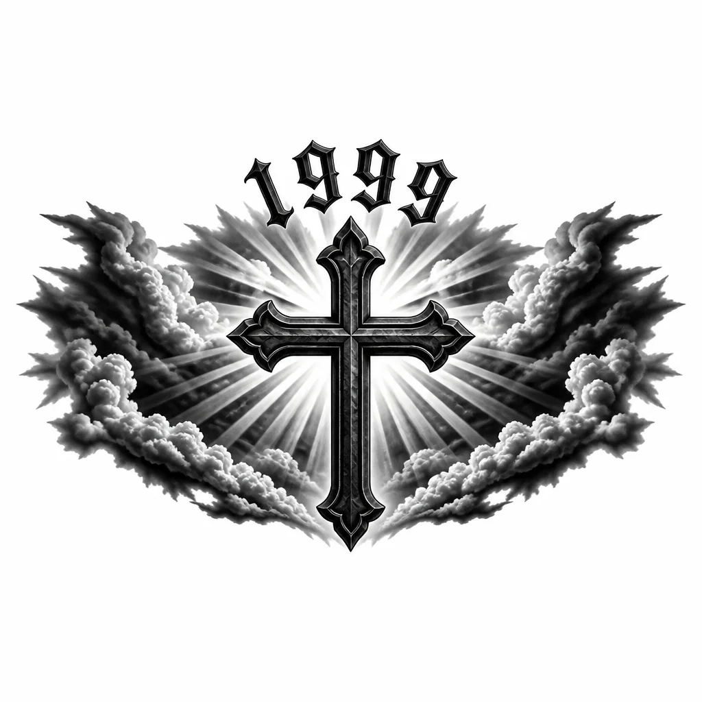 Чёрный крест,за ним фон тени,и цифры над крестом 1999