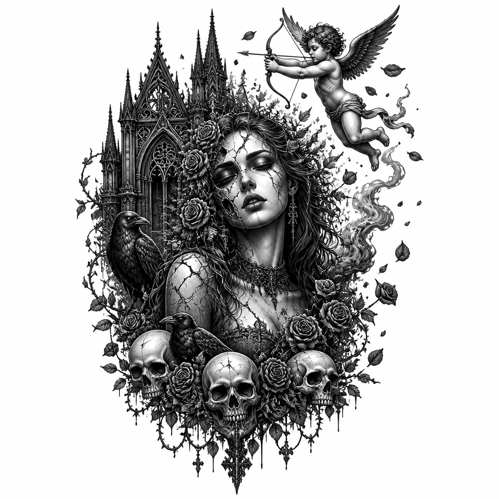 Cupid in the exact pose of the reference image, holding a bow and arrow, flying gracefully. Victorian engraving style, highly detailed blackwork tattoo design, fine line illustration, monochrome. Half of the face becomes an ancient cracked stone mask. Marble-like fractures spread across the body. Feathers dissolve into smoke, ash and rose petals. Gothic atmosphere, dark romance, thorny vines, elegant shadows, antique etching aesthetic, dramatic composition, tattoo flash artwork. Very detailed.