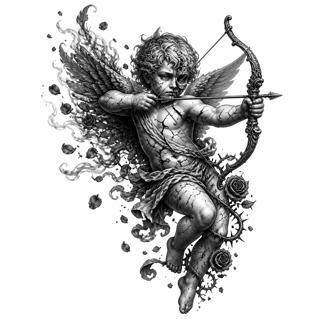 Cupid holding a bow and arrow, flying gracefully. Victorian engraving style, highly detailed blackwork tattoo design, fine line illustration, monochrome. Half of the face becomes an ancient cracked stone mask. Marble-like fractures spread across the body. Feathers dissolve into smoke, ash and rose petals. Gothic atmosphere, dark romance, thorny vines, elegant shadows, antique etching aesthetic, dramatic composition, tattoo flash artwork. Very detailed. Only cupid!!!