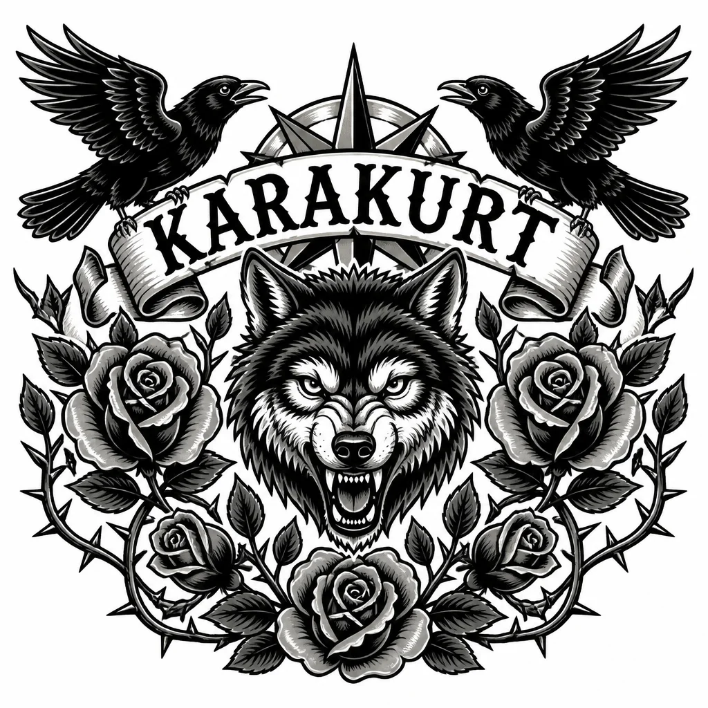 На спине слово. KARAKURT волк,вороны и розы