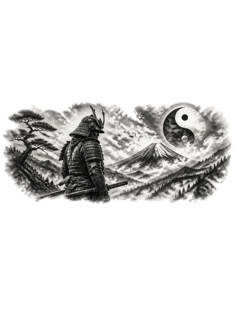 Самурай на фоне гор с облаками , а вместо луны инь янь