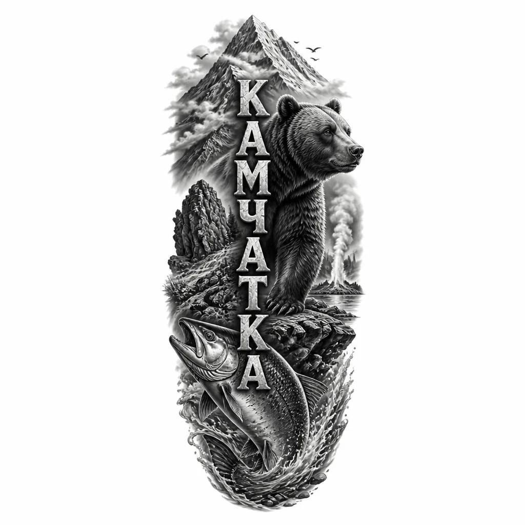 Вертикальная надпись КАМЧАТКА с её символами - горы, медведь, лосось