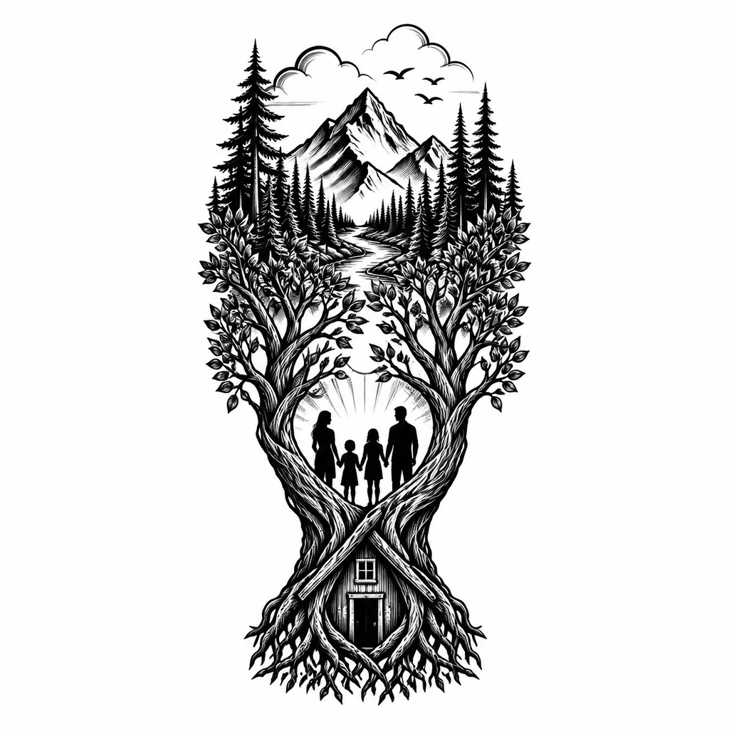 Татуировка на голень в стиле blackwork и realism. Древо жизни, корни которого образуют контур дома, а ветви переходят в лес и горный пейзаж. Внутри дерева силуэты членов семьи. Символы тепла, рода, природы и преемственности поколений. Высокая детализация, плавные переходы теней, вертикальный формат для голени, художественный тату-дизайн