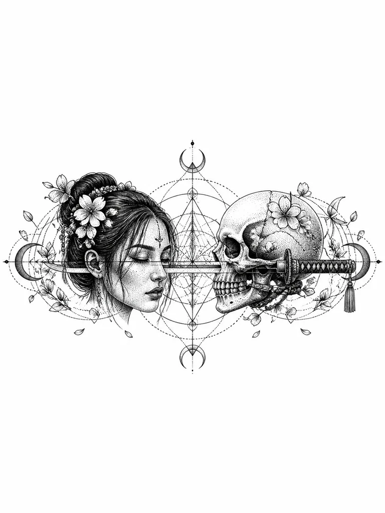 Женское лицо с катаной в черепе