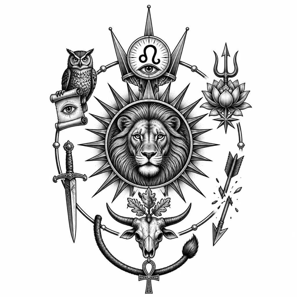 Тату-эскиз blackwork гравюра, вертикаль. Центр: солнце-диск с острыми лучами, внутри голова льва анфас. Над солнцем — корона из пяти лучей, внутри знак Льва ♌ с глазом. Вокруг солнца по кругу: сова со свитком и глазом (ум), лотос из трезубца и звезда (красота), меч, сломанная стрела, дуб на черепе быка (смелость). Снизу арка из хвоста льва с анком. Чёрная линия, точечная тень, симметрия, без фона.