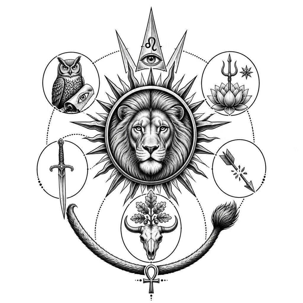 Тату-эскиз blackwork гравюра, вертикаль. Центр: солнце-диск с острыми лучами, внутри голова льва анфас. Над солнцем — корона из пяти лучей, внутри знак Льва ♌ с глазом. Вокруг солнца по кругу: сова со свитком и глазом (ум), лотос из трезубца и звезда (красота), меч, сломанная стрела, дуб на черепе быка (смелость). Снизу арка из хвоста льва с анком. Чёрная линия, точечная тень, симметрия, без фона.