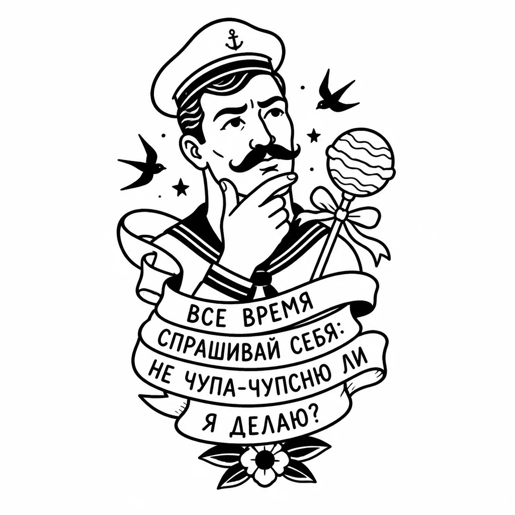Aesthetic continuous single-line art based on the word [все время спрашивай себя: не хуйню ли я делаю?], minimalist, vector, black ink"