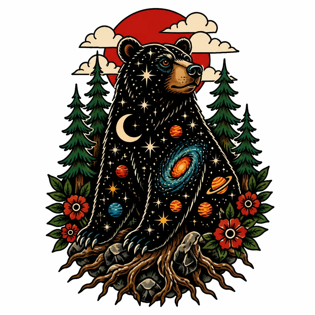 Космос небо медведь в лесу корни деревьев